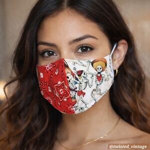 Handmade Mexican Skeleton Party Red Paisley Reversible Cotton Face Mask